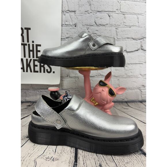 Dr Martens Laketen Platform Sandals Womens 9 Sliver Black Clog Mules Slides NEW - Picture 1 of 8